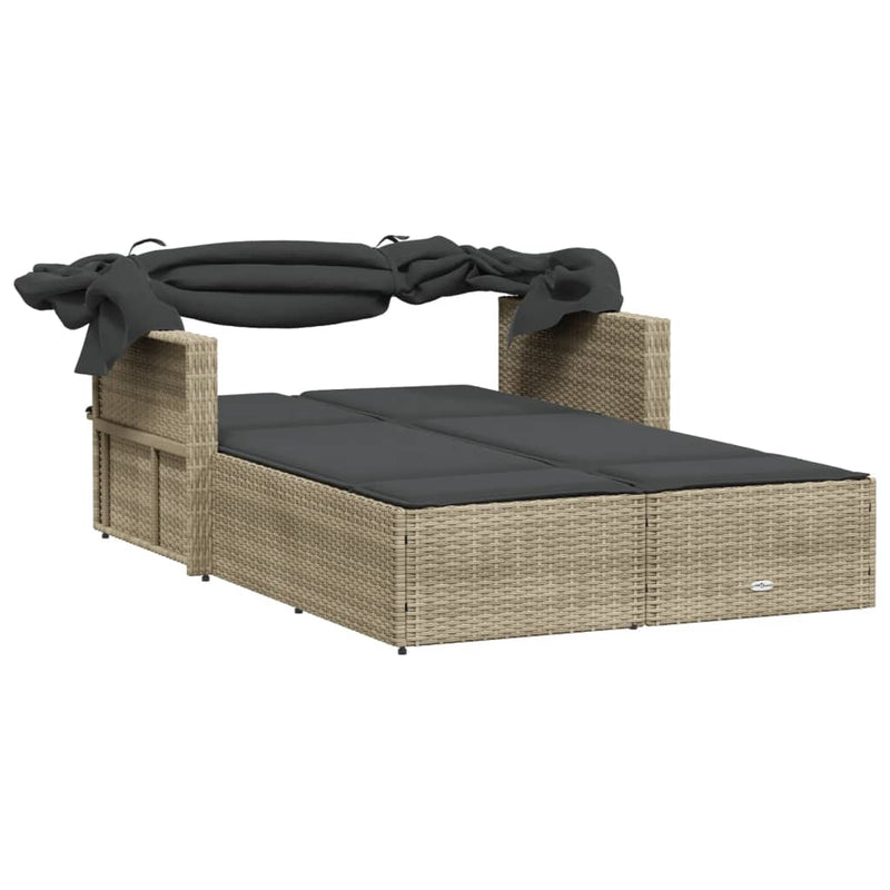 vidaXL Double Sun Lounger with Canopy and Cushions Light Grey Poly Rattan