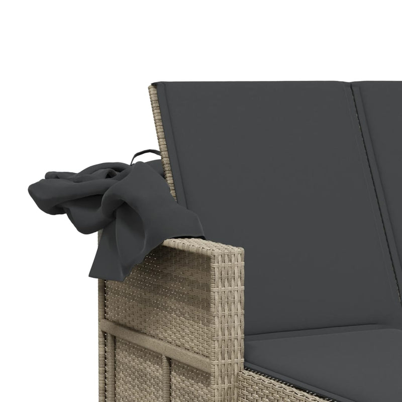vidaXL Double Sun Lounger with Canopy and Cushions Light Grey Poly Rattan