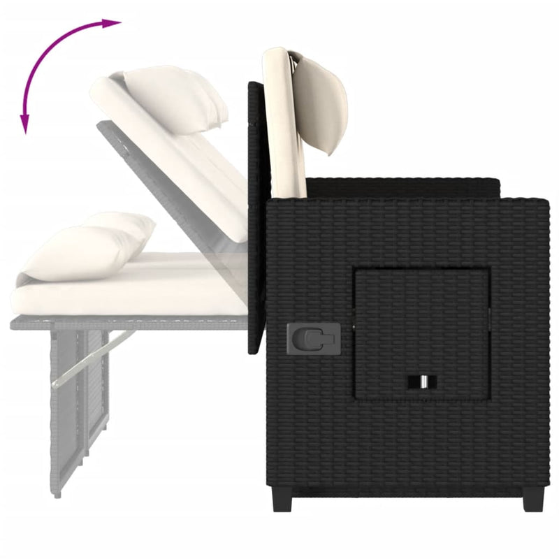 vidaXL Reclining Garden Bench with Cushions Black Poly Rattan