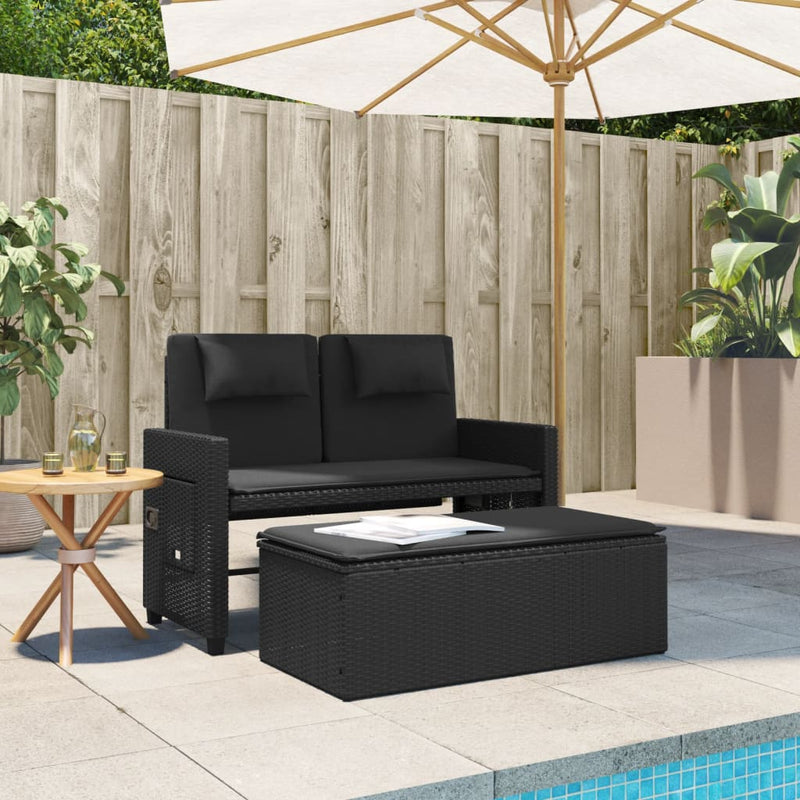vidaXL Reclining Garden Bench with Cushions Black Poly Rattan