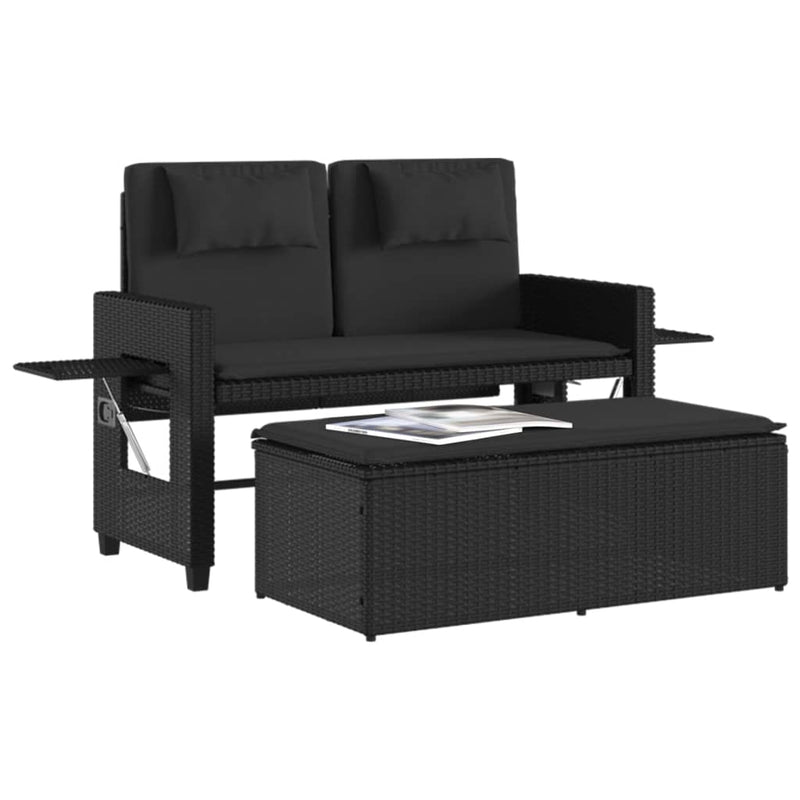 vidaXL Reclining Garden Bench with Cushions Black Poly Rattan