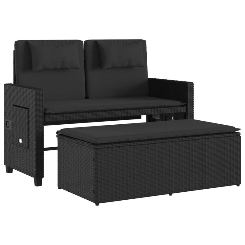 vidaXL Reclining Garden Bench with Cushions Black Poly Rattan