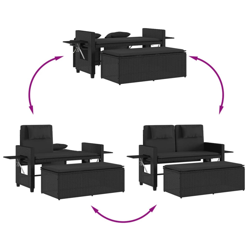 vidaXL Reclining Garden Bench with Cushions Black Poly Rattan