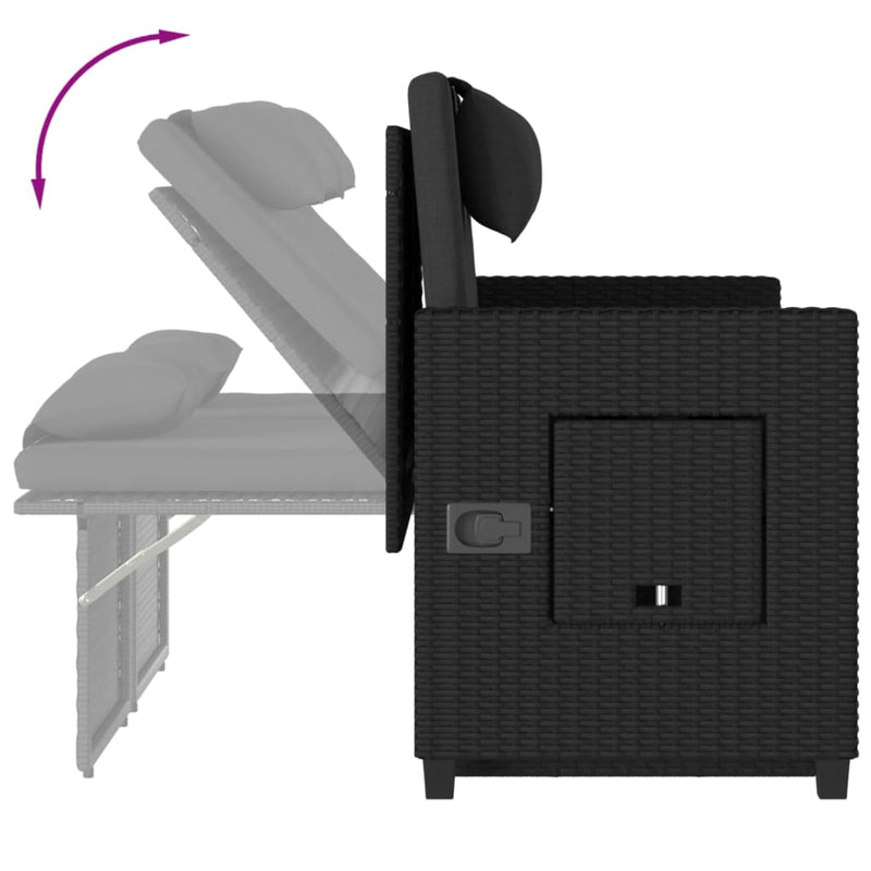 vidaXL Reclining Garden Bench with Cushions Black Poly Rattan