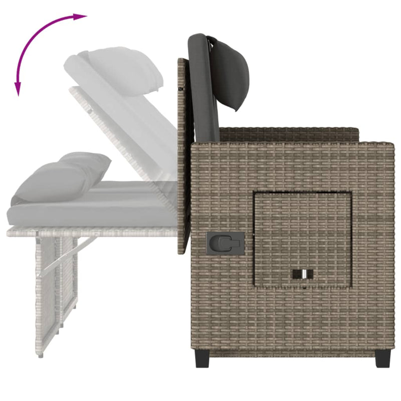 vidaXL Reclining Garden Bench with Cushions Grey Poly Rattan