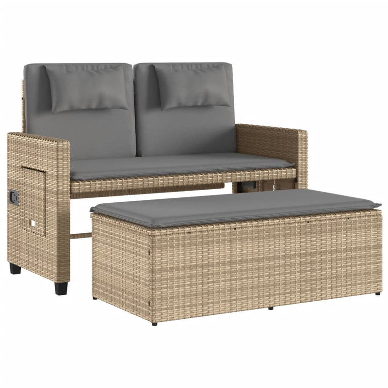 vidaXL Reclining Garden Bench with Cushions Beige Poly Rattan