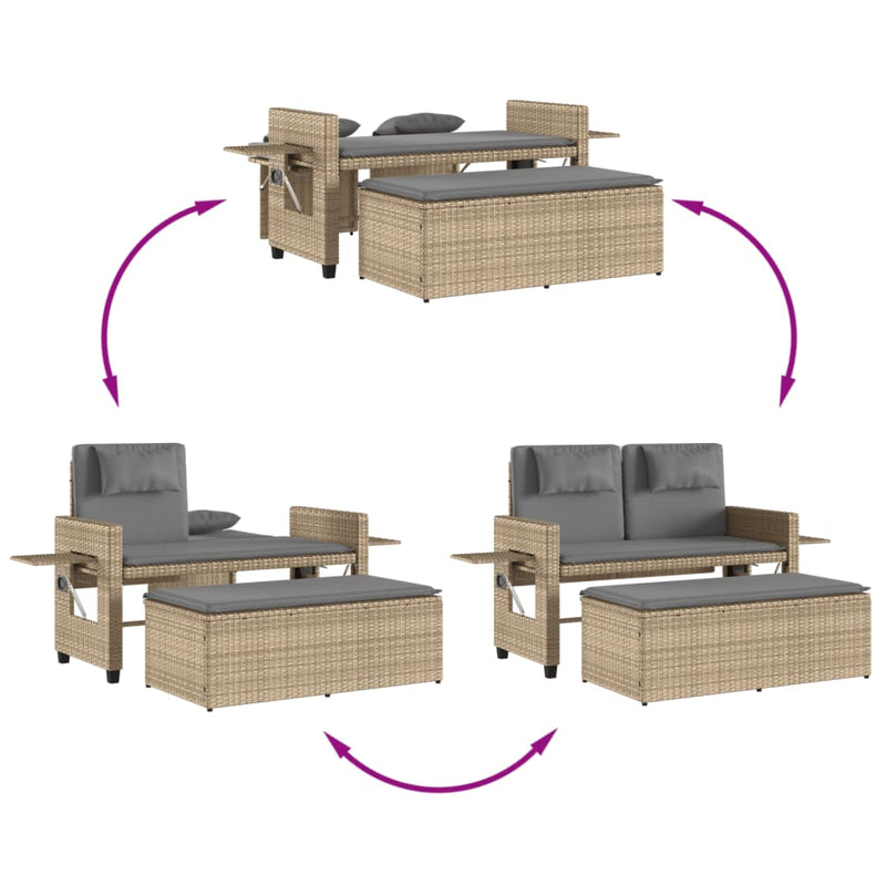 vidaXL Reclining Garden Bench with Cushions Beige Poly Rattan