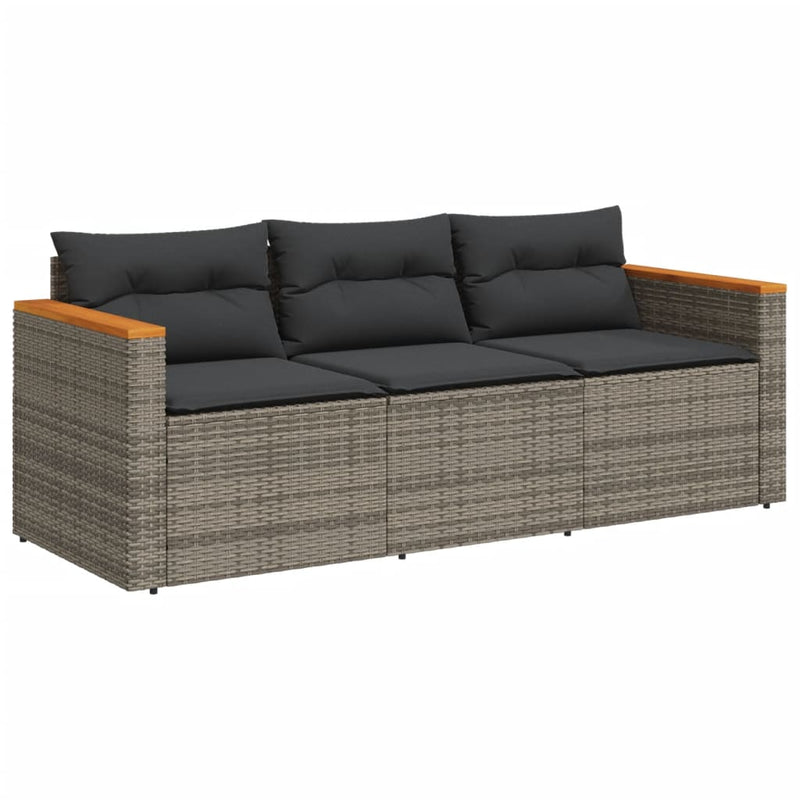 vidaXL Garden Sofa with Cushions 3-Seater Grey Poly Rattan