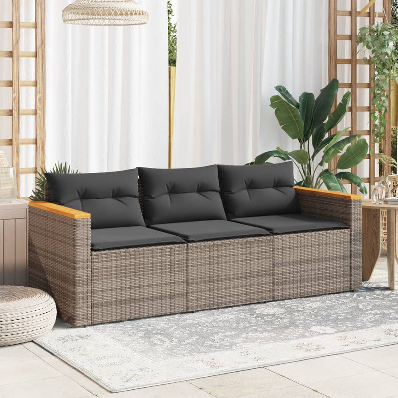 vidaXL Garden Sofa with Cushions 3-Seater Grey Poly Rattan