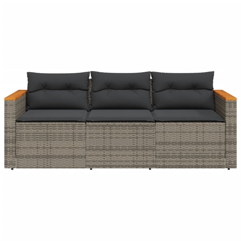 vidaXL Garden Sofa with Cushions 3-Seater Grey Poly Rattan