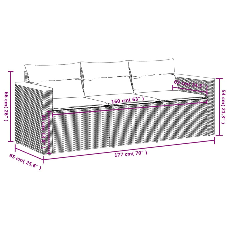 vidaXL Garden Sofa with Cushions 3-Seater Grey Poly Rattan