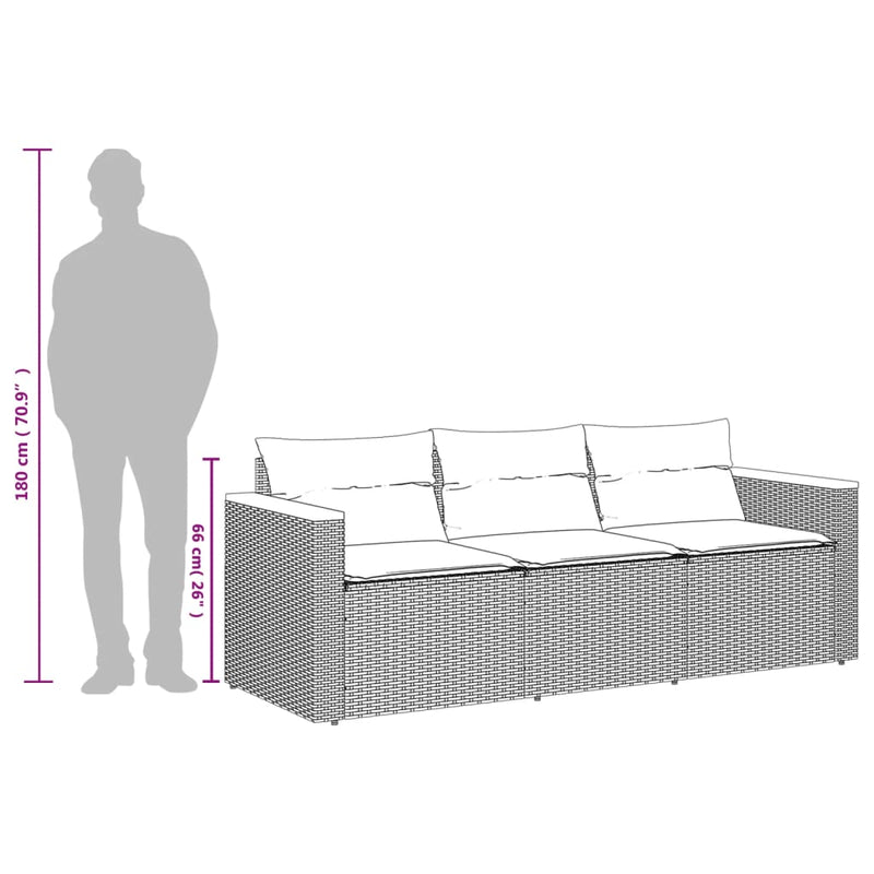 vidaXL Garden Sofa with Cushions 3-Seater Grey Poly Rattan