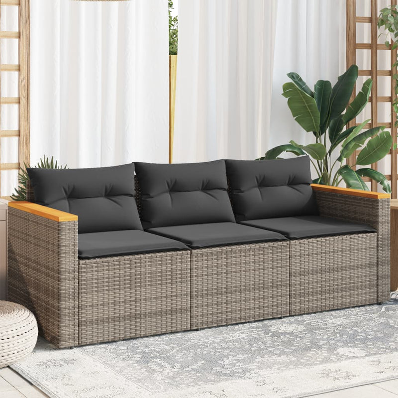 vidaXL Garden Sofa with Cushions 3-Seater Grey Poly Rattan