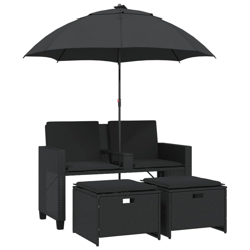 vidaXL Garden Sofa 2-Seater with Parasol and Stools Black Poly Rattan