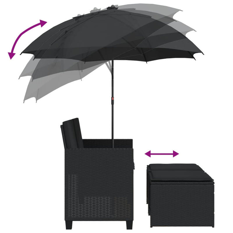 vidaXL Garden Sofa 2-Seater with Parasol and Stools Black Poly Rattan