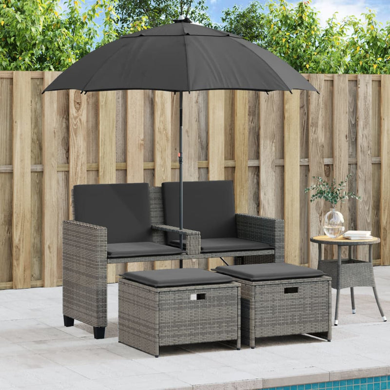 vidaXL Garden Sofa 2-Seater with Parasol and Stools Grey Poly Rattan