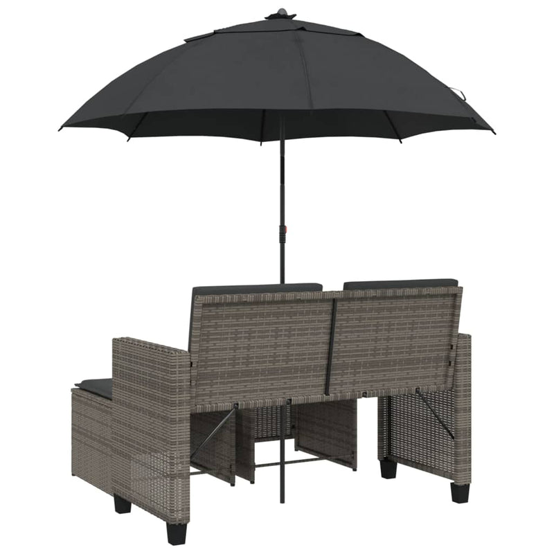 vidaXL Garden Sofa 2-Seater with Parasol and Stools Grey Poly Rattan