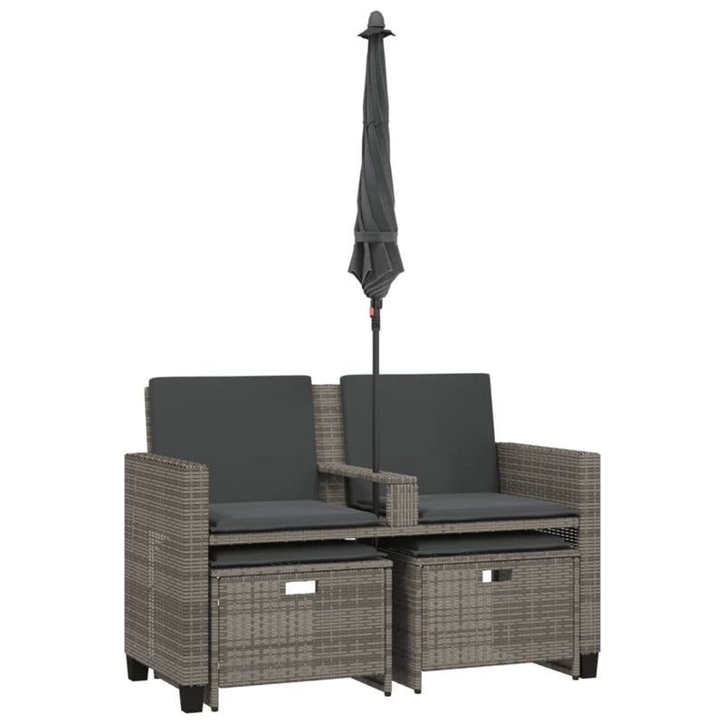 vidaXL Garden Sofa 2-Seater with Parasol and Stools Grey Poly Rattan