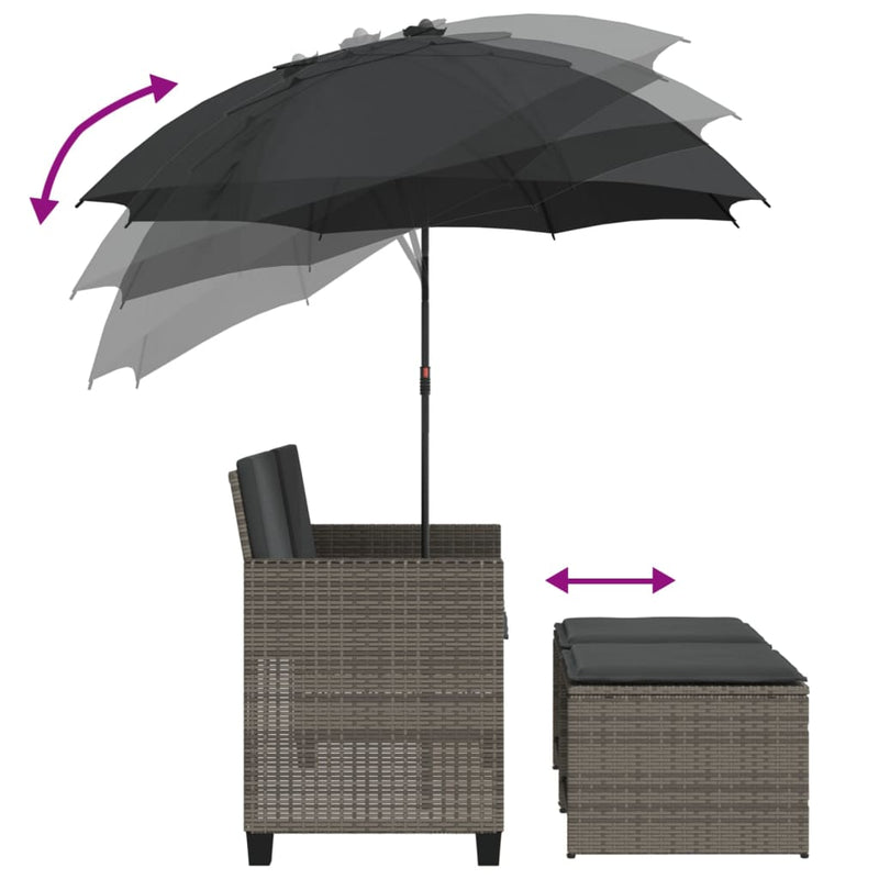 vidaXL Garden Sofa 2-Seater with Parasol and Stools Grey Poly Rattan