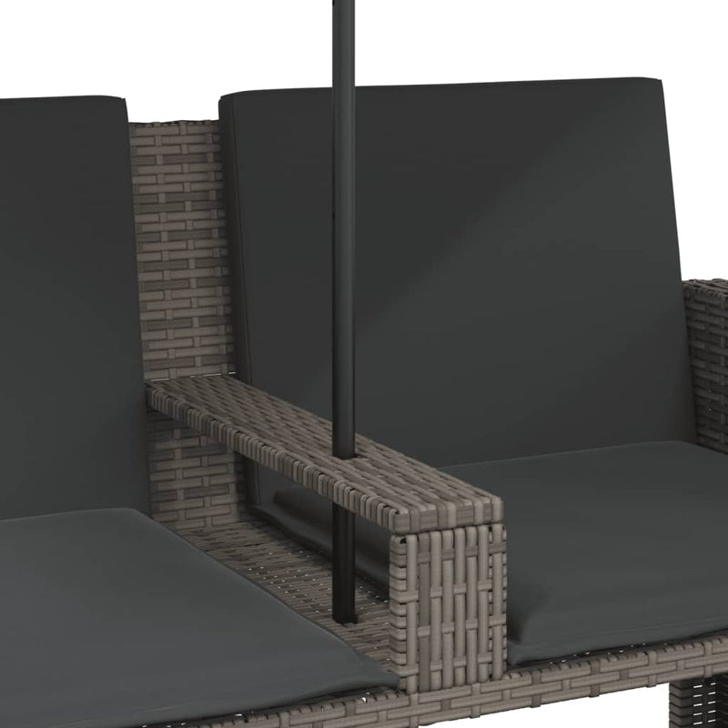 vidaXL Garden Sofa 2-Seater with Parasol and Stools Grey Poly Rattan