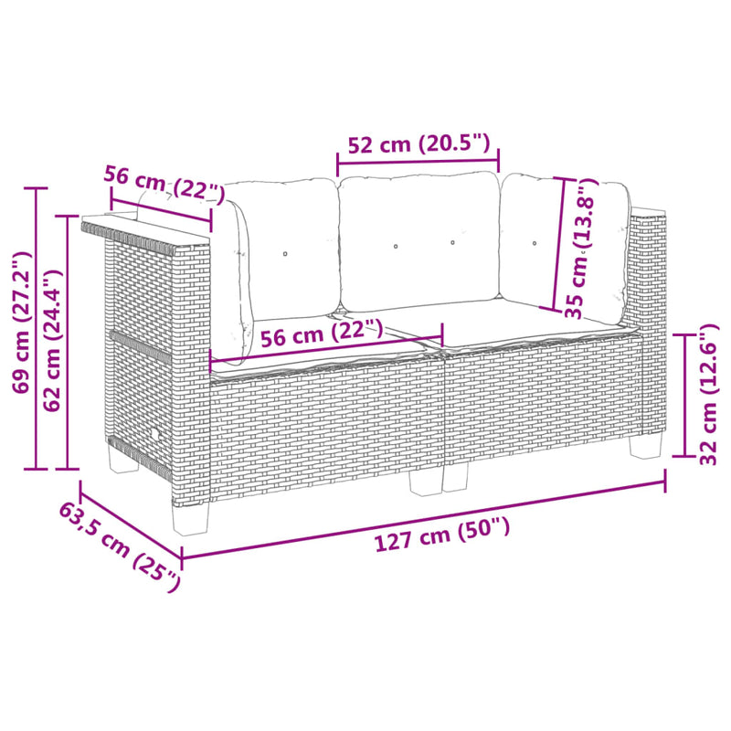 vidaXL Garden Sofas Corner with Cushions 2 pcs Grey Poly Rattan