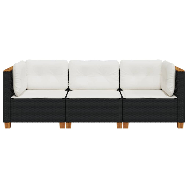 vidaXL Garden Sofa with Cushions 3-Seater Black Poly Rattan