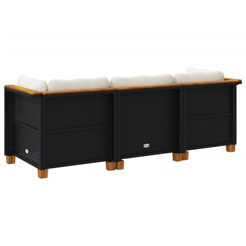 vidaXL Garden Sofa with Cushions 3-Seater Black Poly Rattan