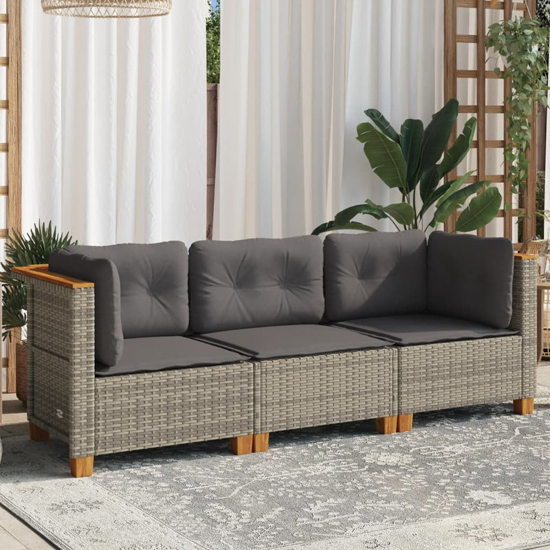 vidaXL Garden Sofa with Cushions 3-Seater Grey Poly Rattan