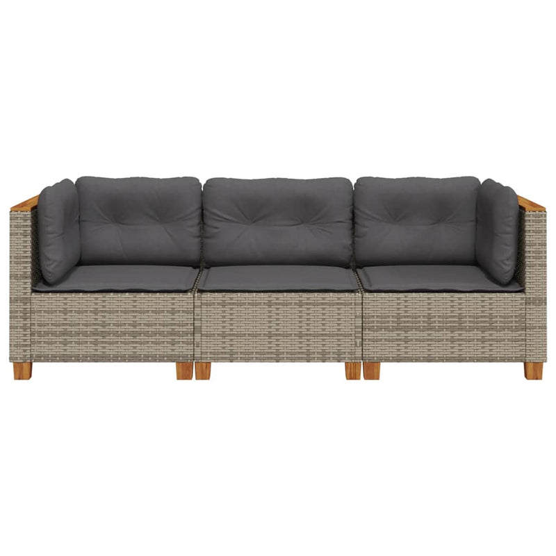 vidaXL Garden Sofa with Cushions 3-Seater Grey Poly Rattan