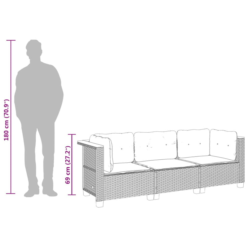 vidaXL Garden Sofa with Cushions 3-Seater Grey Poly Rattan