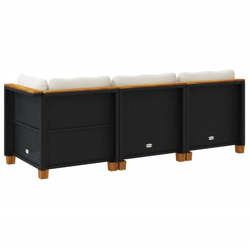 vidaXL Garden Sofa with Cushions 3-Seater Black Poly Rattan