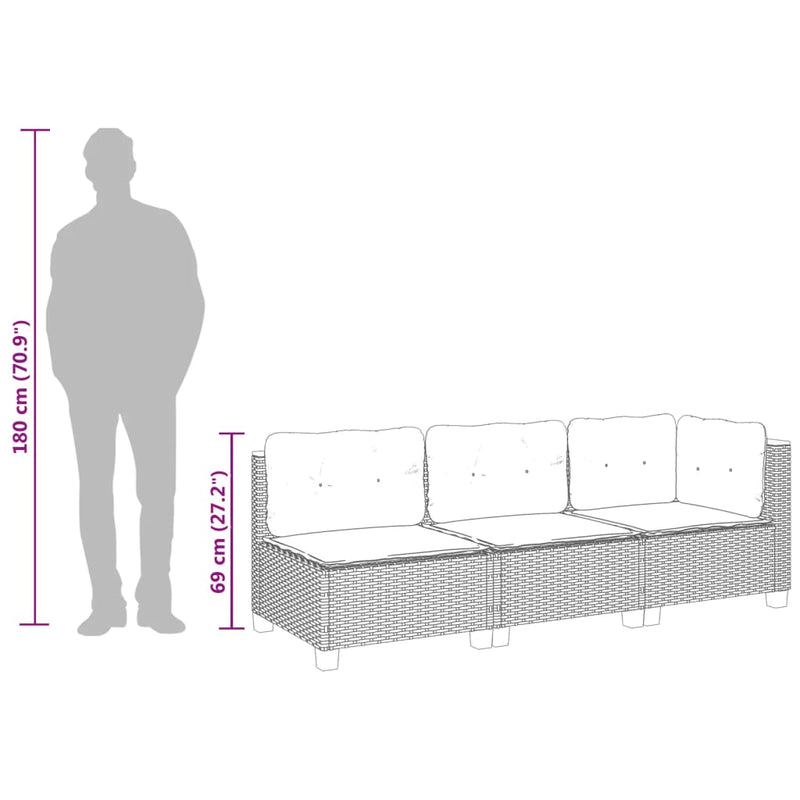 vidaXL Garden Sofa with Cushions 3-Seater Grey Poly Rattan