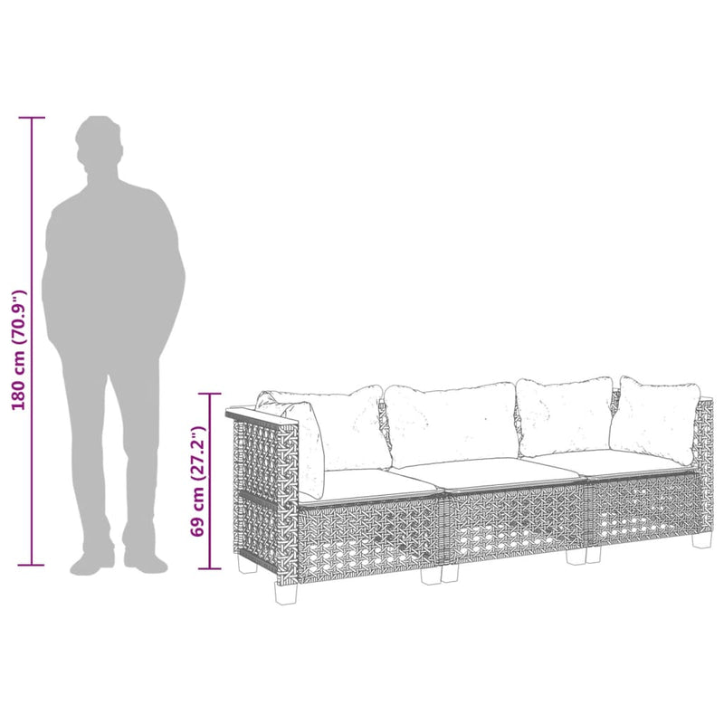 vidaXL Garden Sofa with Cushions 3-Seater Grey Poly Rattan