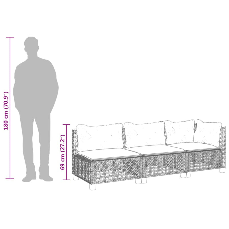 vidaXL Garden Sofa with Cushions 3-Seater Black Poly Rattan