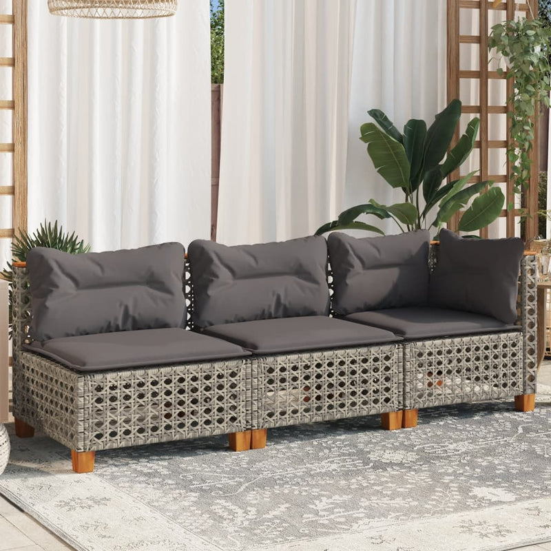 vidaXL Garden Sofa with Cushions 3-Seater Grey Poly Rattan
