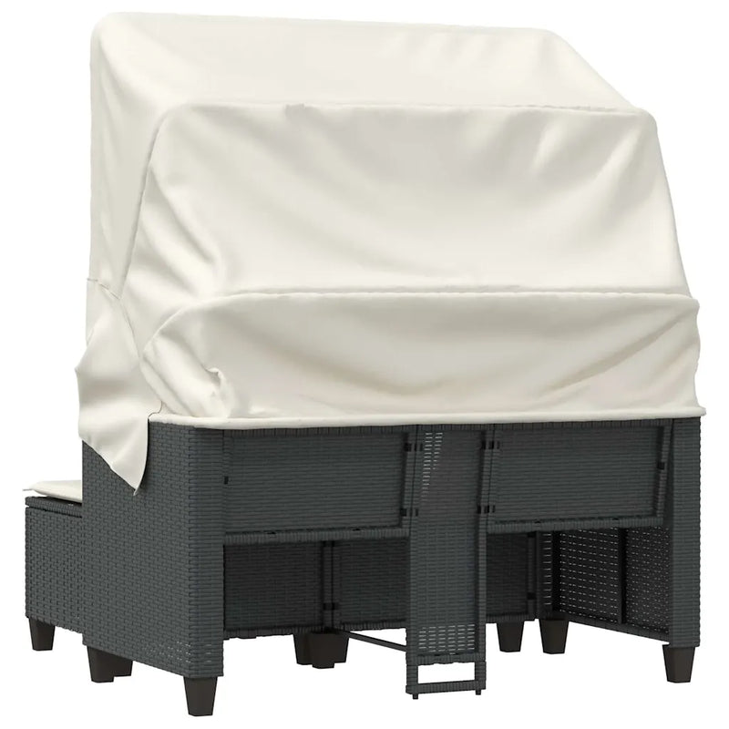 Garden Sofa 2-Seater with Canopy and Stools Black Poly Rattan