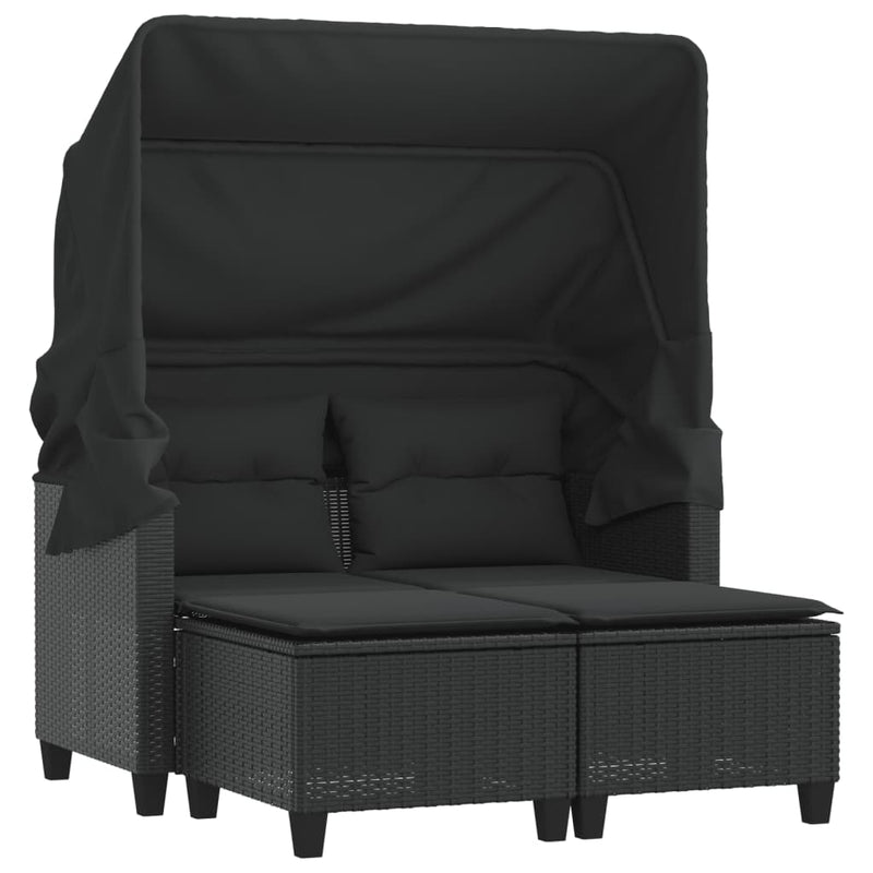 Garden Sofa 2-Seater with Canopy and Stools Black Poly Rattan