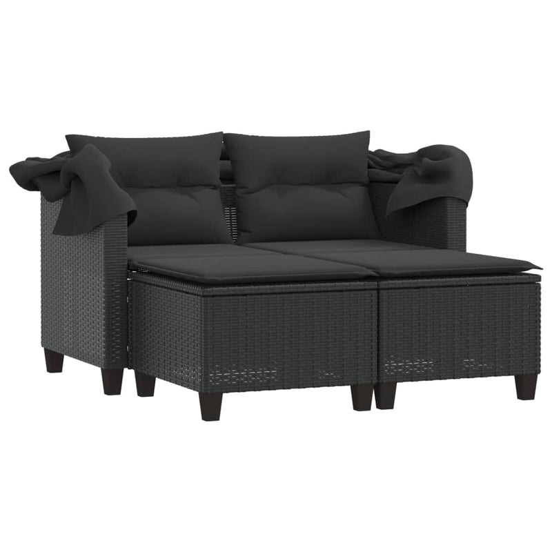 Garden Sofa 2-Seater with Canopy and Stools Black Poly Rattan