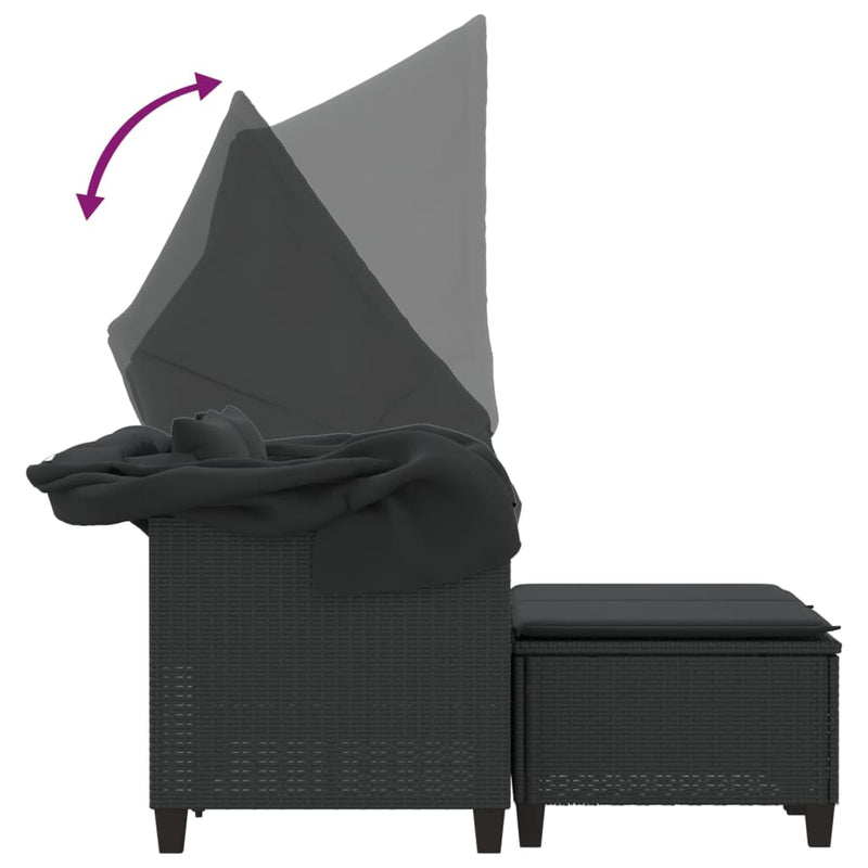 Garden Sofa 2-Seater with Canopy and Stools Black Poly Rattan