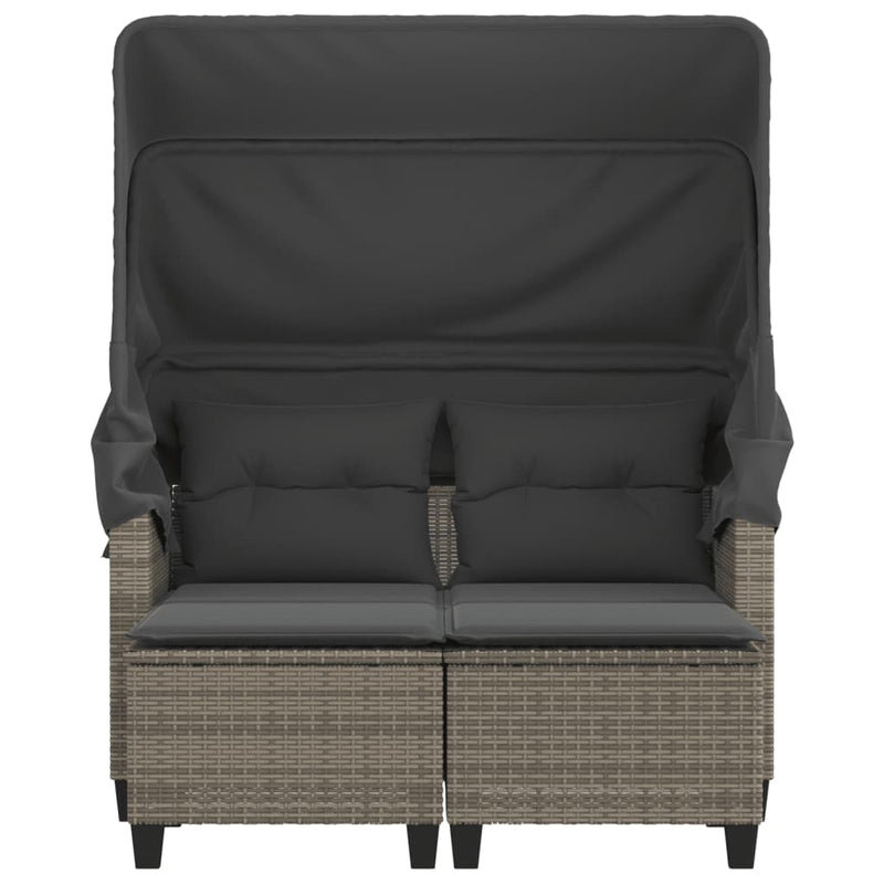 vidaXL Garden Sofa 2-Seater with Canopy and Stools Grey Poly Rattan