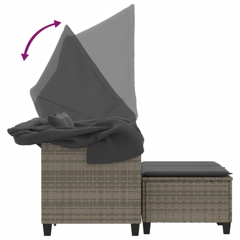 vidaXL Garden Sofa 2-Seater with Canopy and Stools Grey Poly Rattan