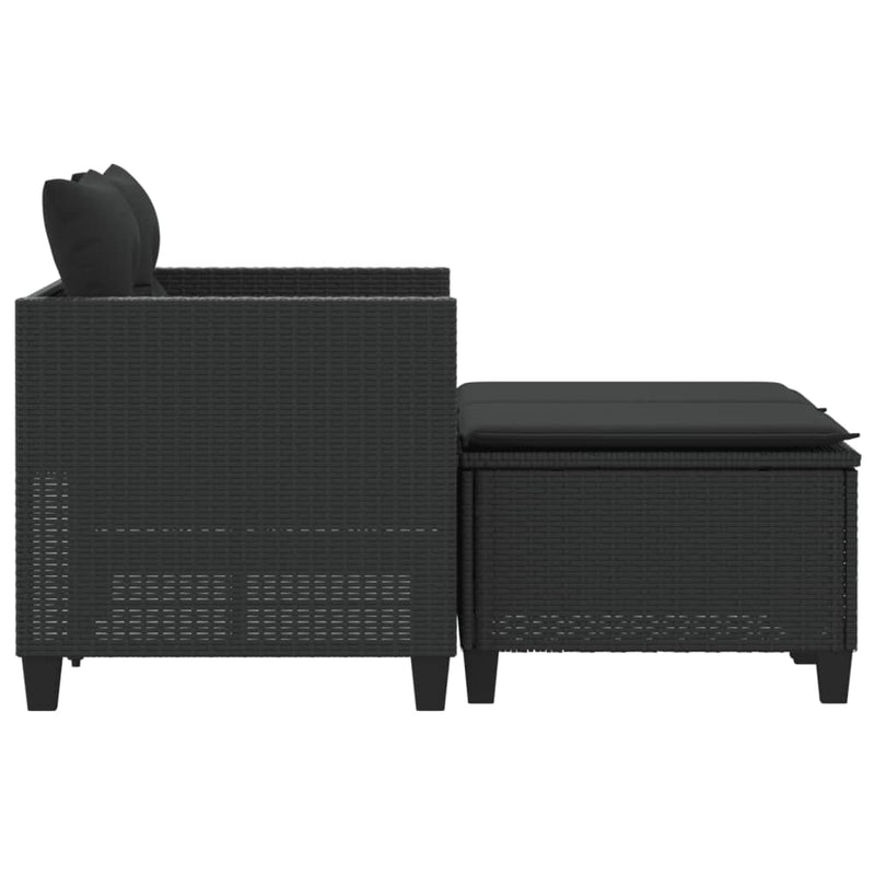 vidaXL Garden Sofa 2-Seater with Stools Black Poly Rattan