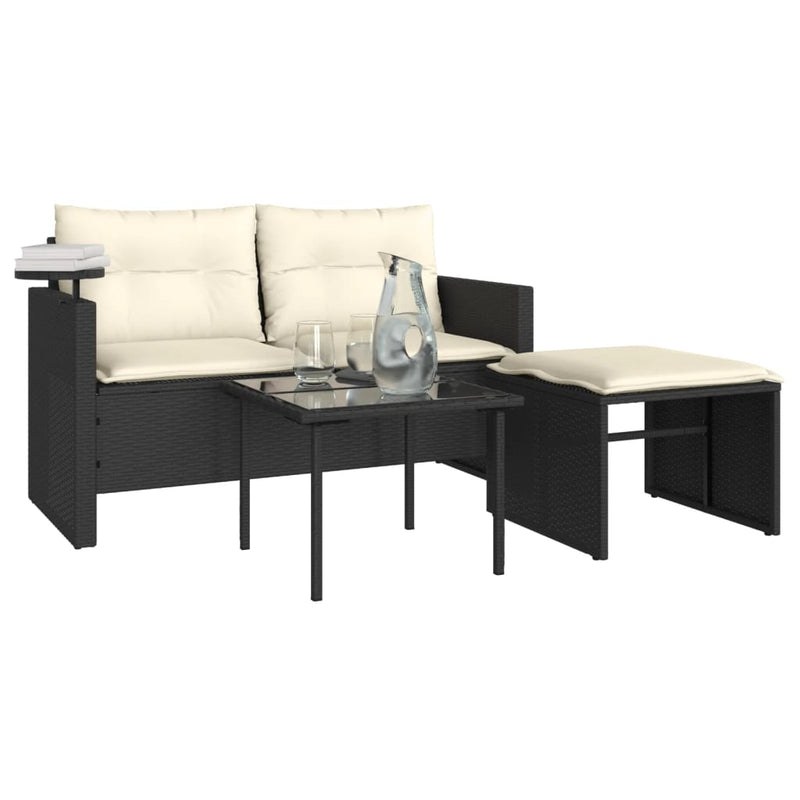 vidaXL 3 Piece Garden Sofa Set with Cushions Black Poly Rattan