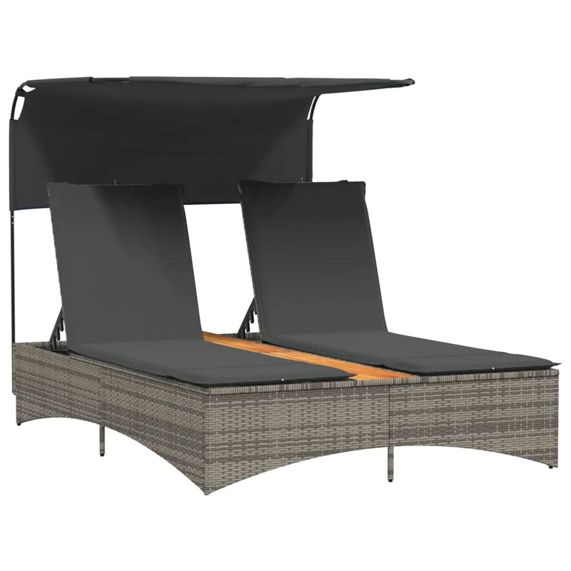 Double Sun Lounger with Canopy and Cushions Grey Poly Rattan