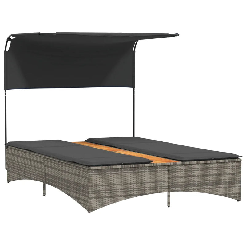 Double Sun Lounger with Canopy and Cushions Grey Poly Rattan
