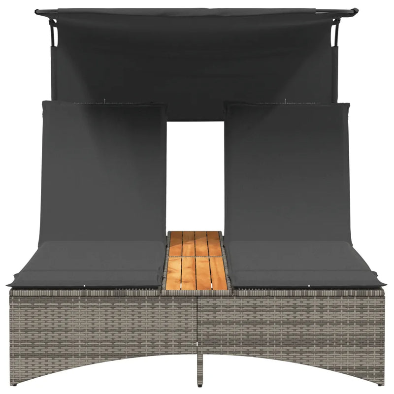 Double Sun Lounger with Canopy and Cushions Grey Poly Rattan