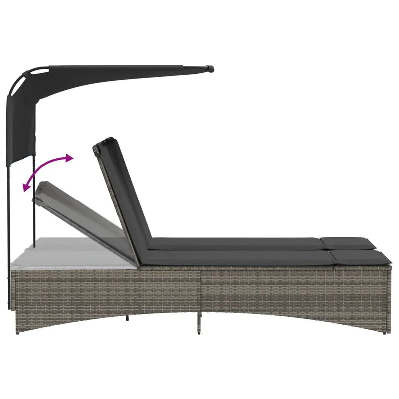 Double Sun Lounger with Canopy and Cushions Grey Poly Rattan