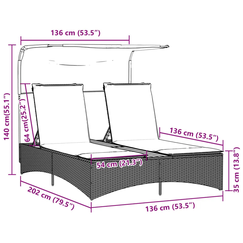 Double Sun Lounger with Canopy and Cushions Grey Poly Rattan