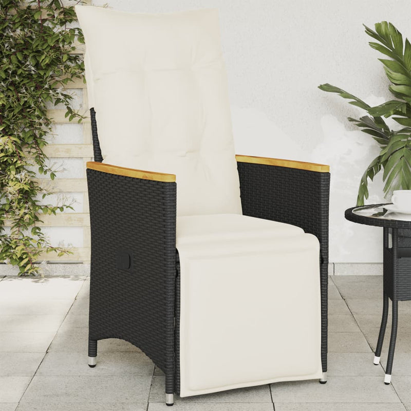 Reclining Garden Chair with Cushions Black Poly Rattan