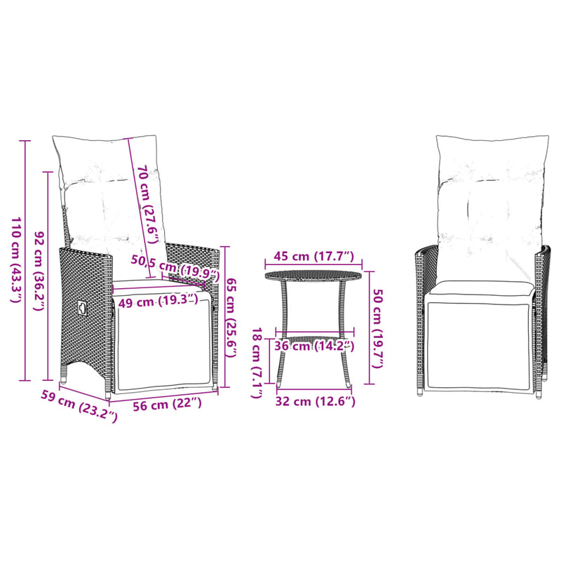 vidaXL 3 Piece Bistro Set with Cushions Grey Poly Rattan